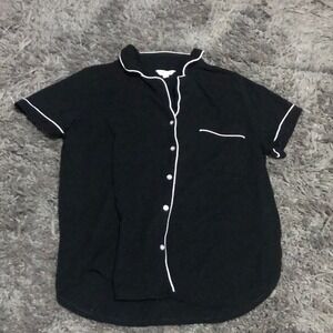 Pajama‎ Top Short Sleeve Sleep Shirt Button Down Black White Trim